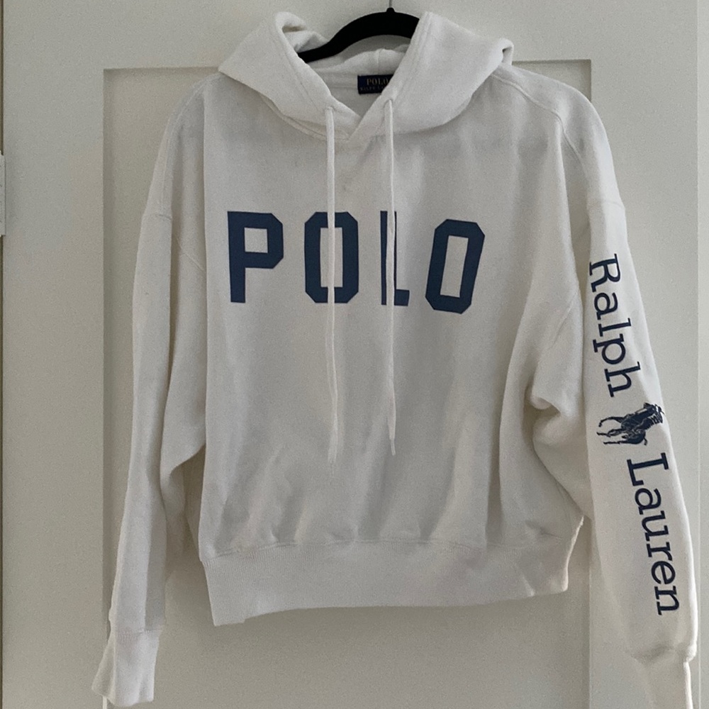Polo by Ralph Lauren white with blue lettering pull over hoodie